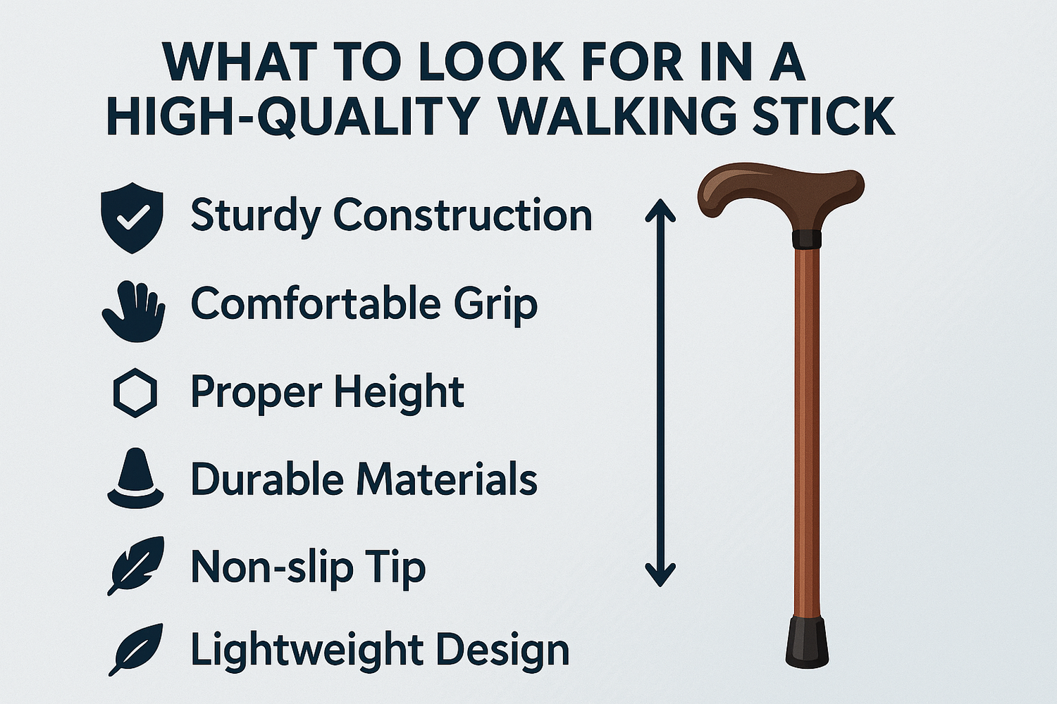 generate an image and write on image that What to Look For in a High-Quality Walking Stick