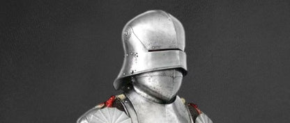 Close-up of Gothic-style helmet – 15th Century knight armor headpiece by Artisans Hub

