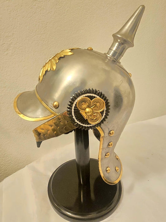 Front view of an authentic German Pickelhaube Prussian helmet with eagle insignia