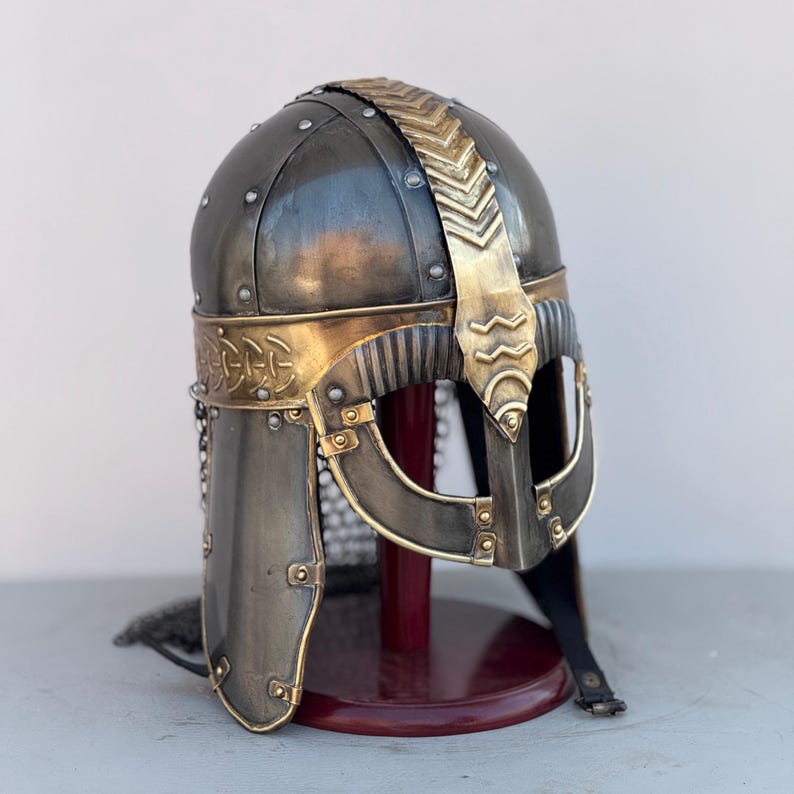 Gjermundbu Viking helmet made of steel with attached chainmail for neck protection