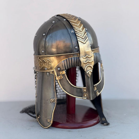 Gjermundbu Viking helmet made of steel with attached chainmail for neck protection