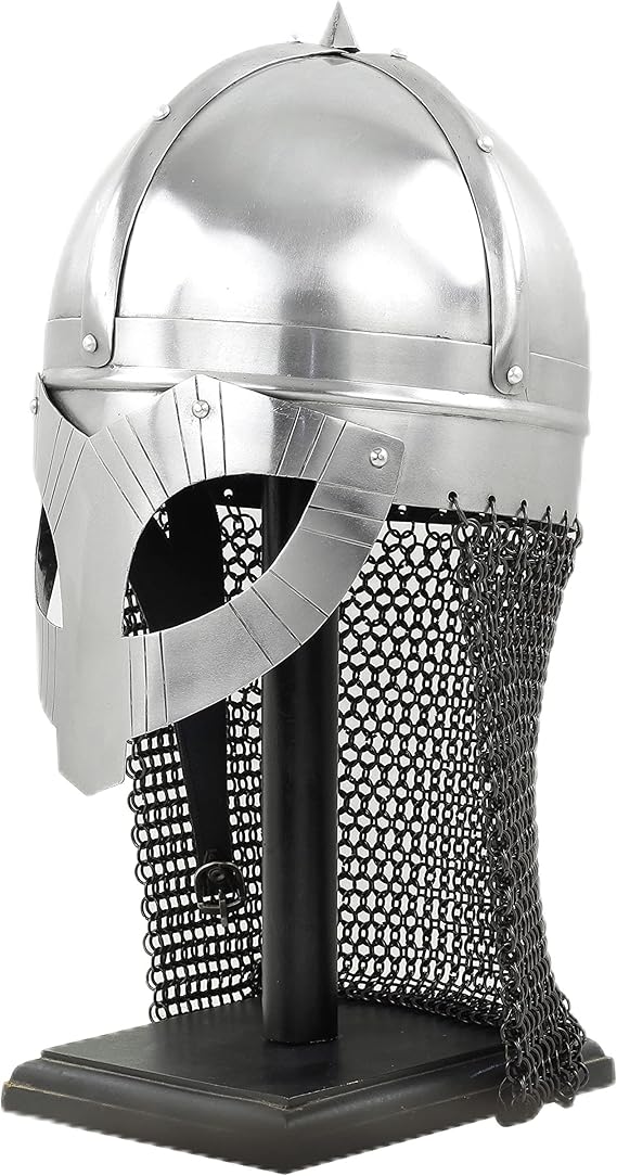 Front view of Gjermundbu Viking helmet with chainmail and wooden base, made from 16-gauge steel and leather inner liner
