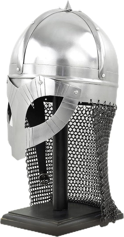 Front view of Gjermundbu Viking helmet with chainmail and wooden base, made from 16-gauge steel and leather inner liner