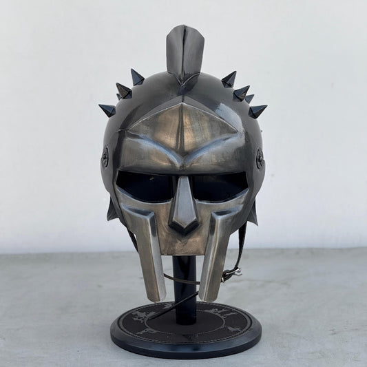 Front view of Gladiator Helmet styled as Black Knight Roman soldier armo