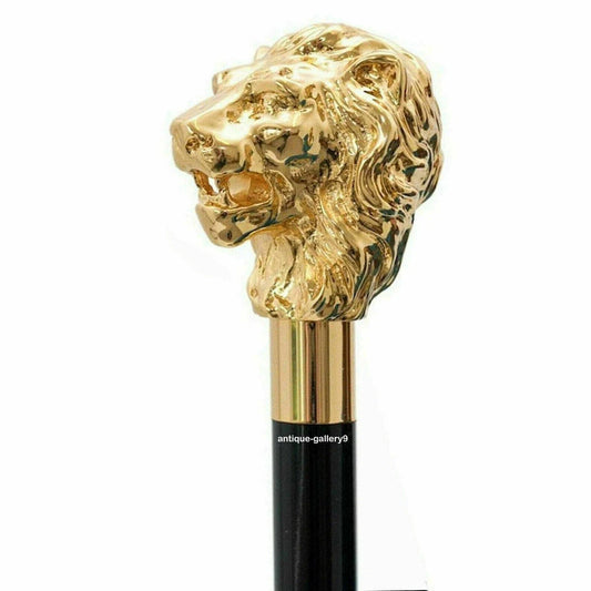 Gold Antique Brass Lion Head Handle Walking Stick for Men and Women