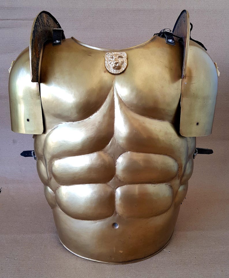 Gold Brass Roman Muscle Cuirass front view showing detailed lion emblem
