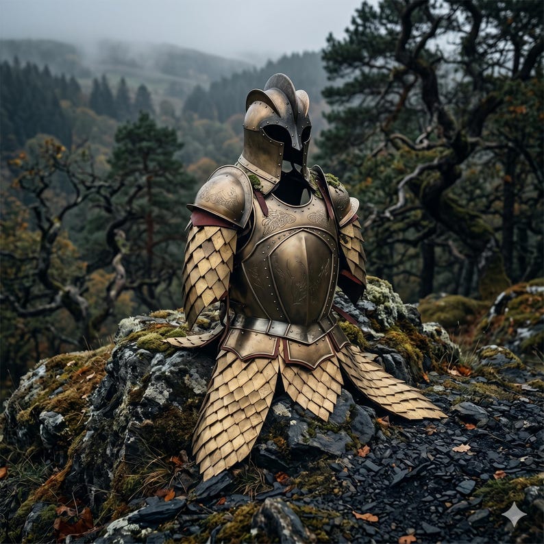 Golden Medieval Knight Cuirass armor set made from durable 18 gauge steel, ideal for LARP, Renaissance fairs, fantasy costumes, and collectors.