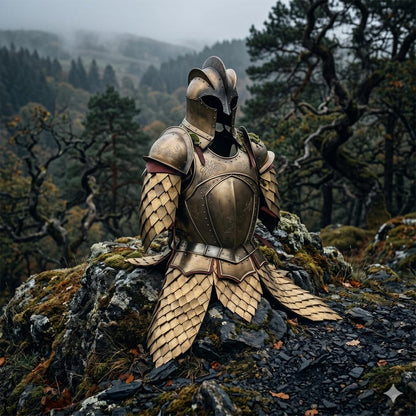 Golden Medieval Knight Cuirass armor set made from durable 18 gauge steel, ideal for LARP, Renaissance fairs, fantasy costumes, and collectors.