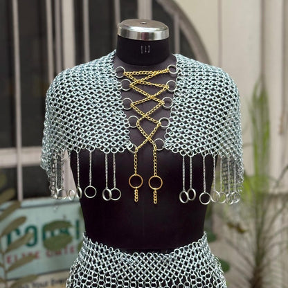 Golden & Silver Valkyrie Chainmail Armor Set front view featuring statement top and skirt for women
