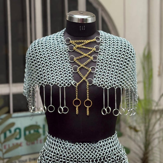 Golden & Silver Valkyrie Chainmail Armor Set front view featuring statement top and skirt for women