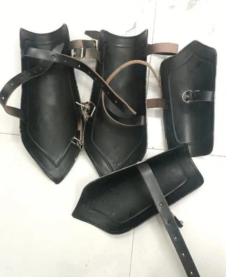 Gothic armor set with knight leg and arm guards featuring adjustable leather straps