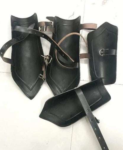 Gothic armor set with knight leg and arm guards featuring adjustable leather straps