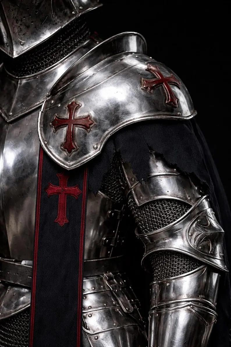 Gothic Crusader armor pauldrons and gorget detail for LARP and cosplay knight costume