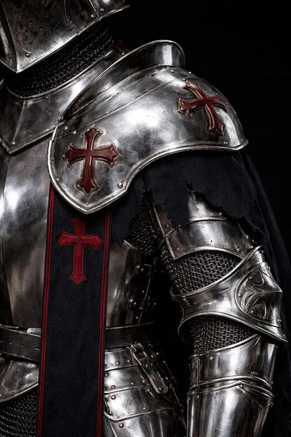 Gothic Crusader armor pauldrons and gorget detail for LARP and cosplay knight costume