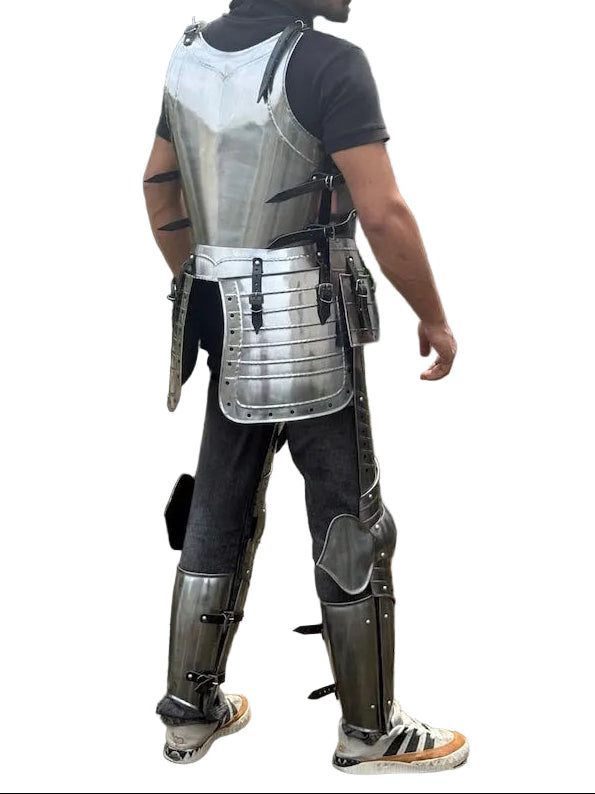 Gothic German steel armor worn for cosplay and medieval reenactment events