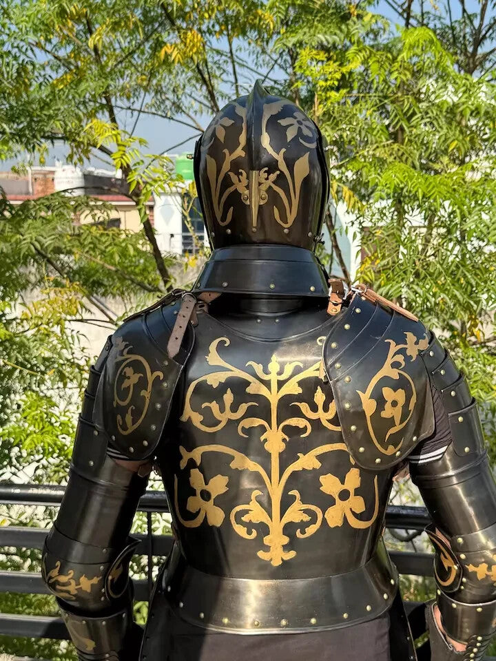 Back view of Gothic knight half body armor suit showing rear plate design and leather strap adjustments, handcrafted for wear or display by Artisans Hub.


