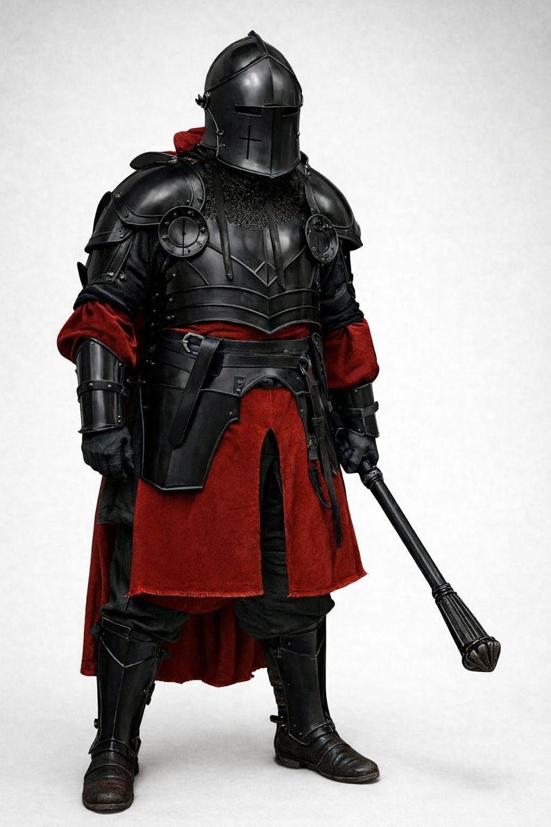 Gothic knight armor with matte black finish, ideal for dark fantasy decor and collectors