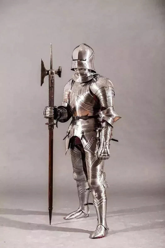Front view of Gothic medieval Crusader full body armor suit, wearable and handcrafted in 20-gauge steel by Artisans Hub.

