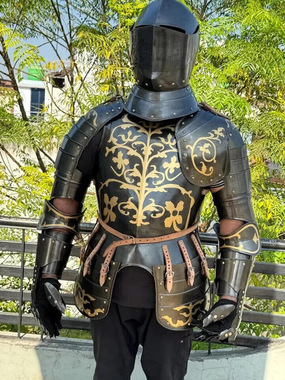 Main view of wearable Gothic knight half body armor suit made from 20 gauge steel, ideal for cosplay, LARP, and medieval decor by Artisans Hub.

