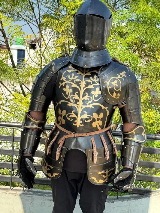 Main view of wearable Gothic knight half body armor suit made from 20 gauge steel, ideal for cosplay, LARP, and medieval decor by Artisans Hub.

