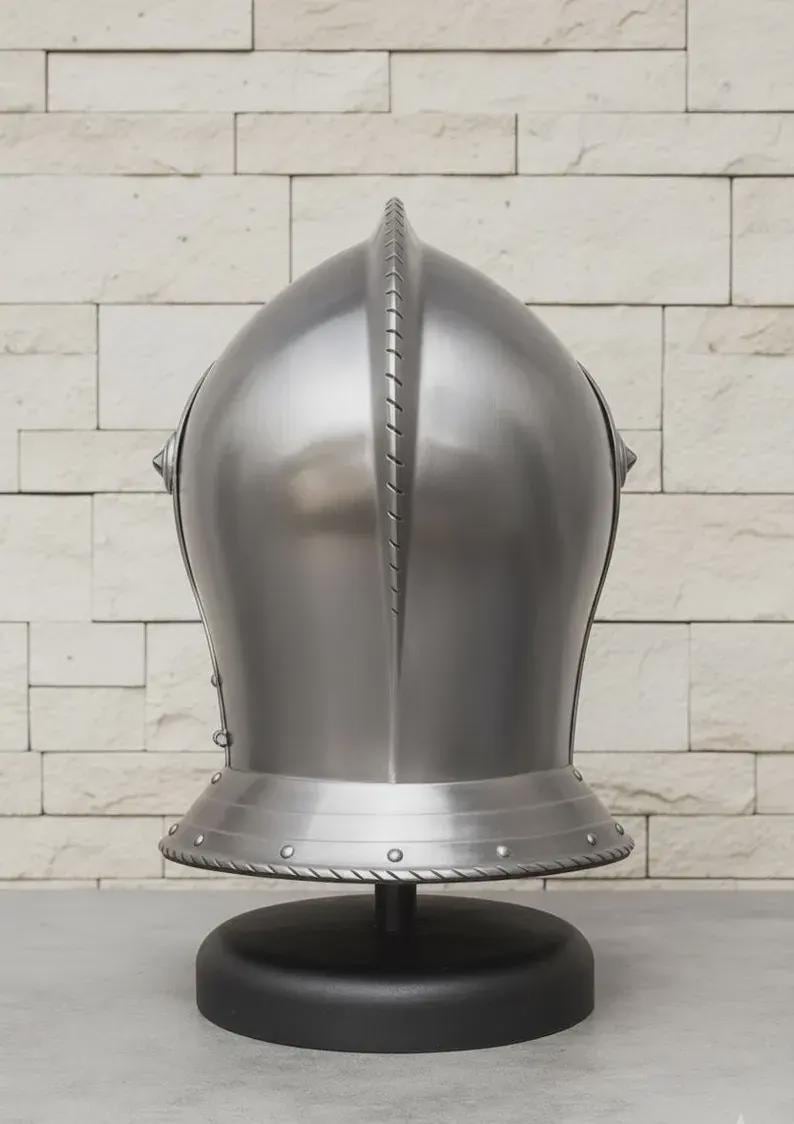 Gothic Close Helmet on display stand – collectible Medieval Knight Helmet with mirror-polished finish