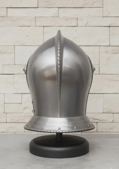 Gothic Close Helmet on display stand – collectible Medieval Knight Helmet with mirror-polished finish