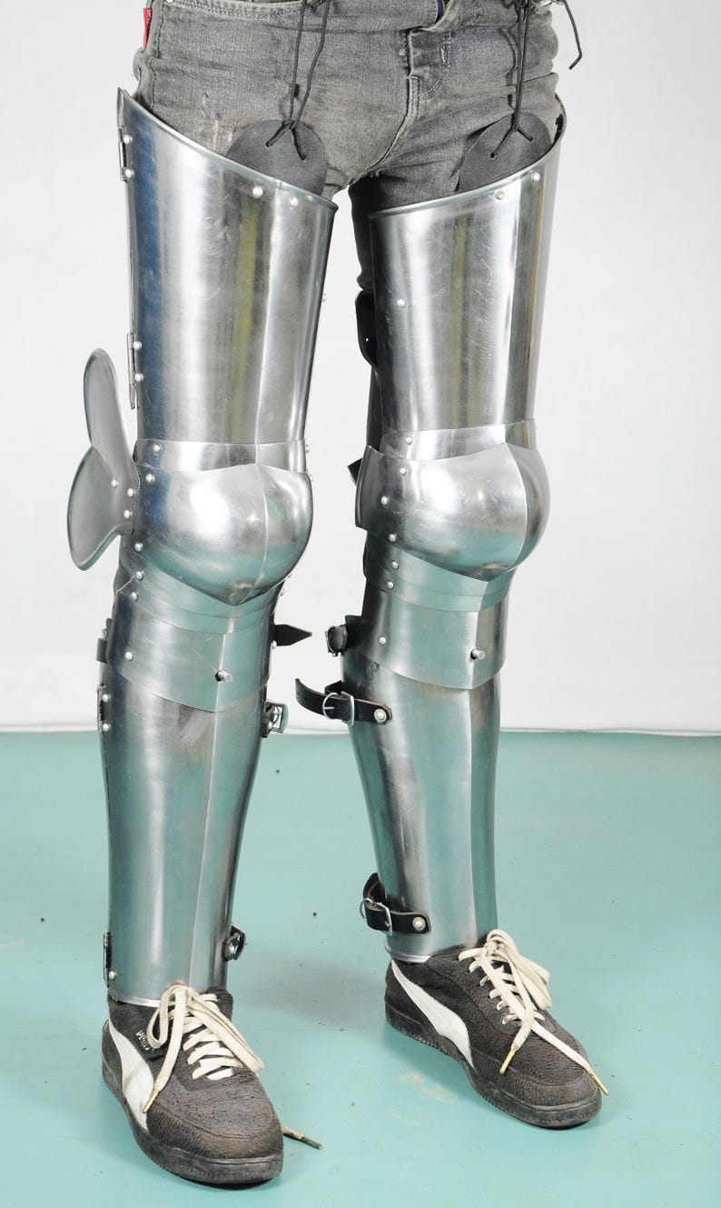 German Gothic Knight Leg Armor – Side View Showing Handcrafted Steel Detail