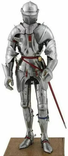 Front view of medieval Gothic knight full body armor suit, fully wearable and handcrafted from steel with leather details, by Artisans Hub.

