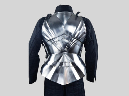 Side profile of Gothic LARP armor with adjustable leather straps and steel construction