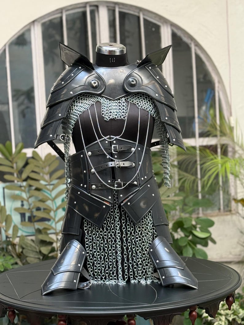 Gothic LARP cosplay showing black chainmail top and skirt from Medieval Women’s armor set