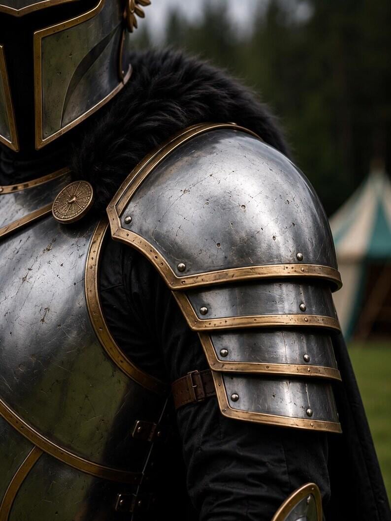 Gothic LARP costume featuring Fantasy Knight Armor With Winged Helmet and black fur shoulder detailing side profile