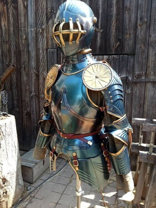 Front view of Gothic 15th-century half body knight armor suit with helmet, pauldrons, and breastplate, handcrafted by Artisans Hub.

