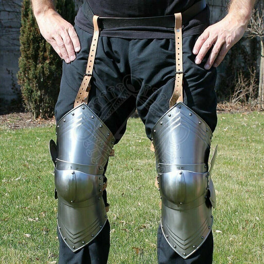 Front view of Gothic medieval leg armor set made from 18GA steel for knight cosplay
