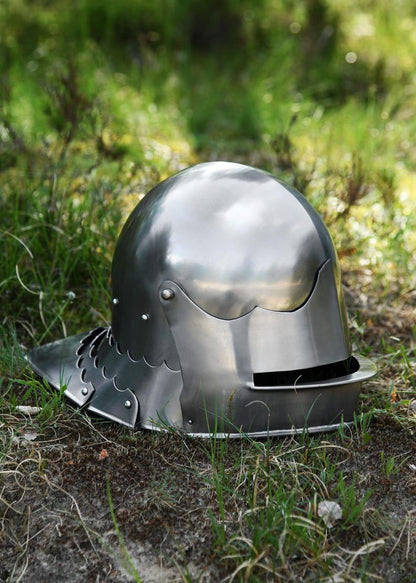 Inside of Gothic Sallet Helmet showing Adjustable Leather Belts – Comfortable Medieval Helmet