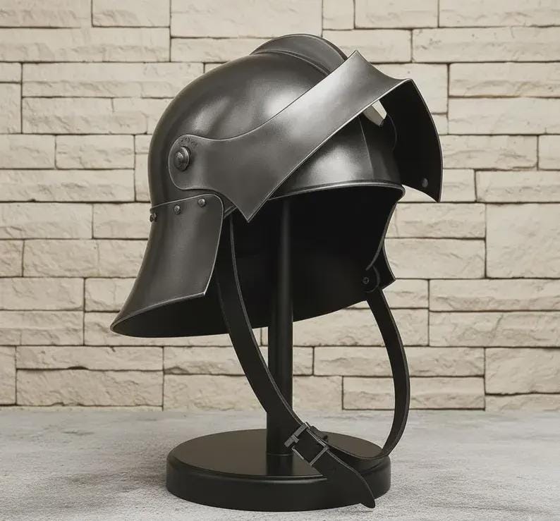 Gothic sallet helmet with gorget handcrafted steel armor side profile