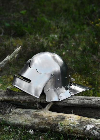 Person wearing Gothic Sallet Helmet for LARP – Authentic Medieval Headwear

