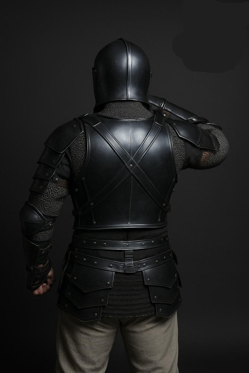 Gothic Steel Black Knight Full Armor Set with pauldrons, bracers, and chainmail skirt for fantasy cosplay and LARP events
