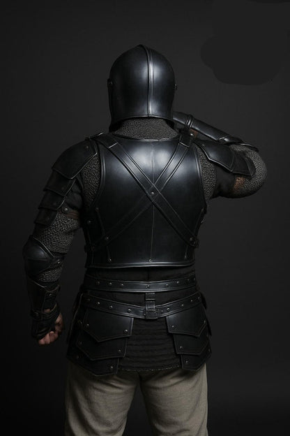 Gothic Steel Black Knight Full Armor Set with pauldrons, bracers, and chainmail skirt for fantasy cosplay and LARP events