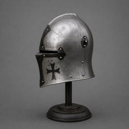 Gothic Steel Headpiece featuring enclosed great helm design, decorative cross detailing, and medieval warrior craftsmanship.