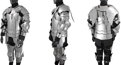 Detailed view of Gothic wearable LARP suit of armor with polished steel finish, handcrafted by Artisans Hub for cosplay, reenactments, and medieval displays.

