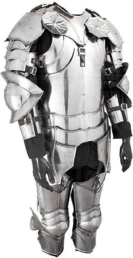 Front view of Gothic wearable LARP suit of armor with polished steel finish, handcrafted by Artisans Hub for cosplay, reenactments, and medieval displays.

