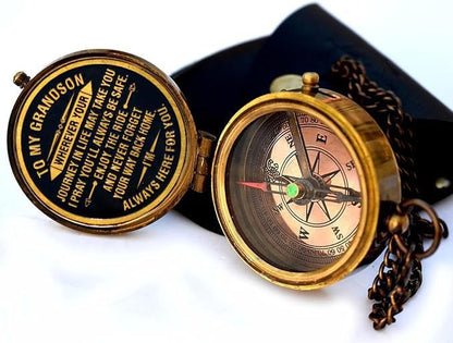 Engraved brass compass for grandson with hand-stitched leather case

