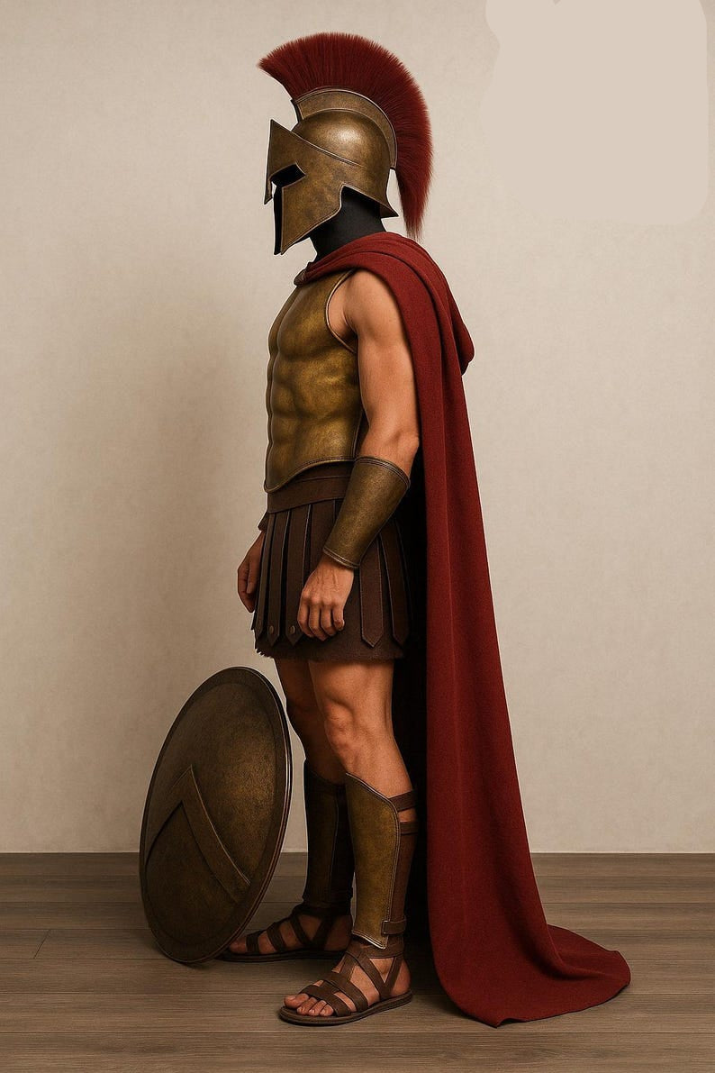 Back view of Greek cosplay armor featuring red cape and detailed cuirass
