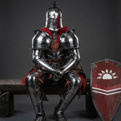 Greek Knight Full Armor costume with wooden shield, perfect for cosplay, Halloween, and fantasy events