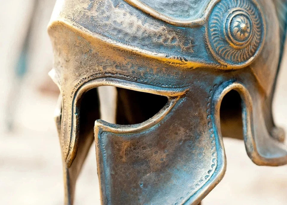 Greek Spartan Helmet with antique bronze historical warrior design for home office decor and military collectors