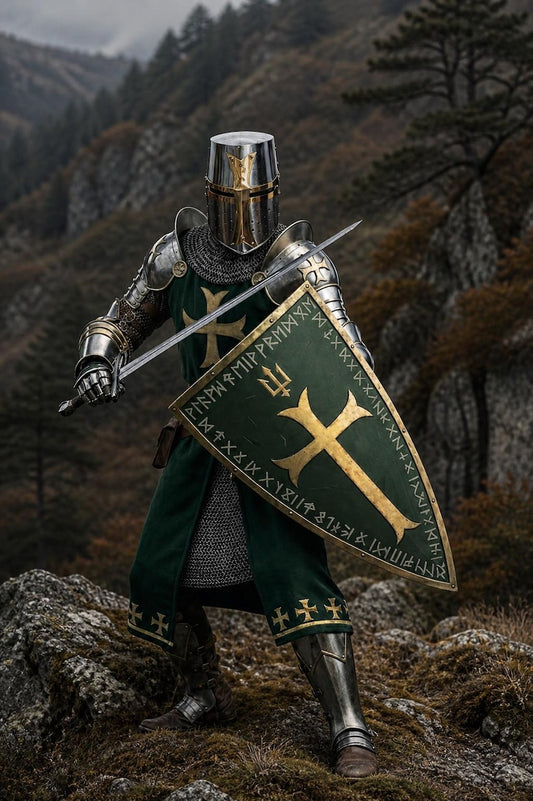 Green Knight Crusader Armor Set featuring a medieval knight green surcoat, gold cross detailing, and Viking runes shield for cosplay and reenactment.