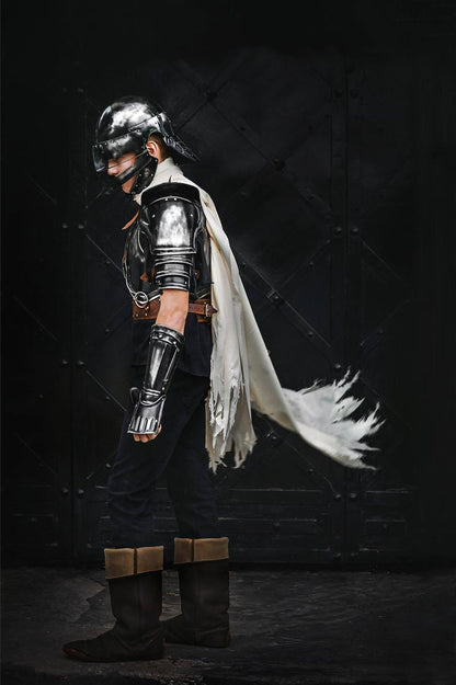 Side angle of Guts cosplay armor set with helmet, bracers, and shoulders
