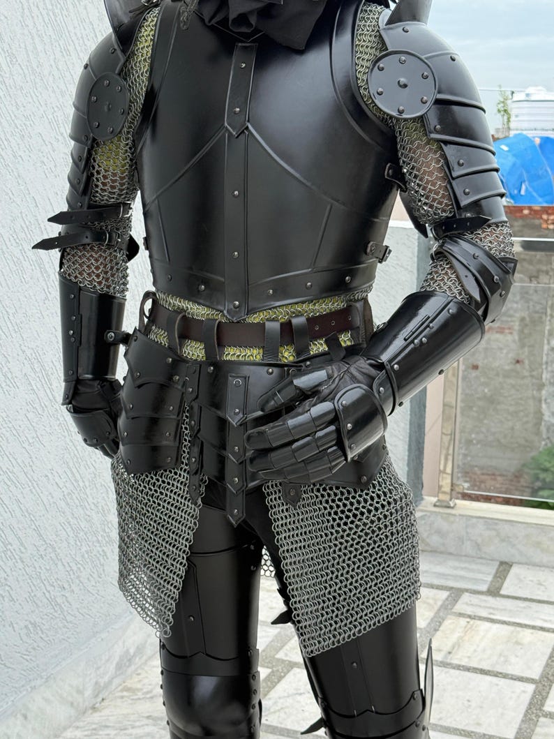 Halloween demon armor costume full set with leg guards and chainmail accents
