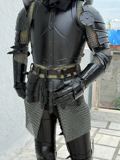 Halloween demon armor costume full set with leg guards and chainmail accents