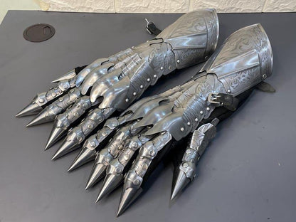 Halloween LARP gauntlet gloves with intricate Nazgul etching and adjustable strap